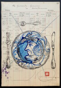 Dalla serie “Panem Quotidianum” 3, 2025, Linoleografia su carta antica incollata su tela, china, china acrilica, 29,5 x 35 (1)