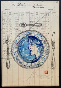 Dalla serie “Panem Quotidianum” 4, 2025, Linoleografia su carta antica incollata su tela, china, china acrilica, 29,5 x 35 (1)