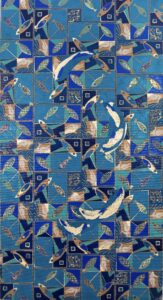 Fish O’Clock, 2021, Linoleografia, olio su tela, foglia oro, 70 x 130,