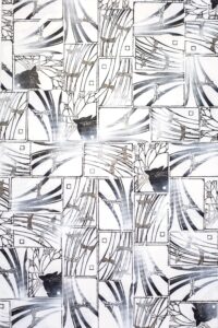 Gatti e Libellule, 2021, bianco_nero, ricamo, olio su tela, 90x 136